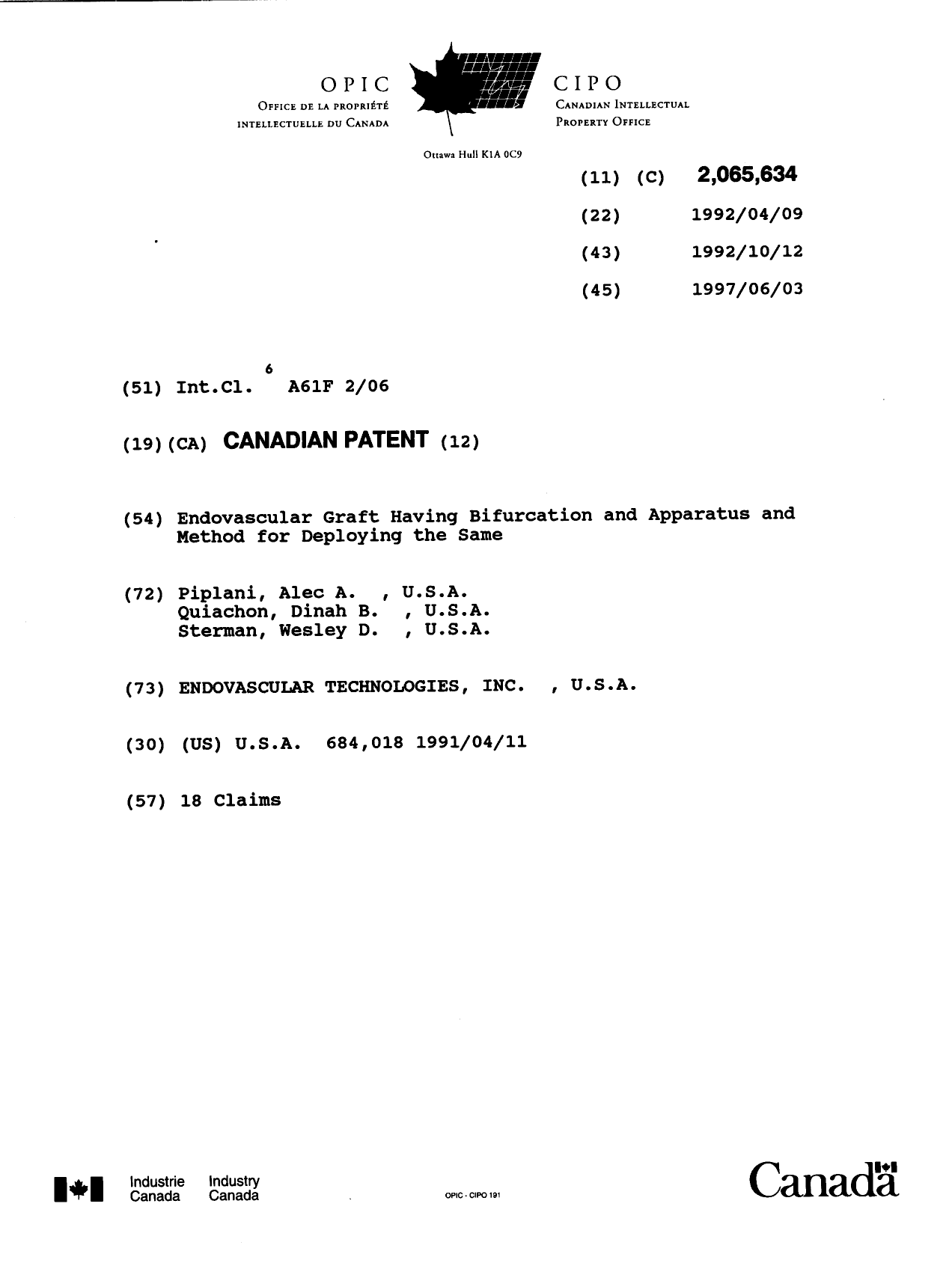 Document de brevet canadien 2065634. Page couverture 19970409. Image 1 de 1