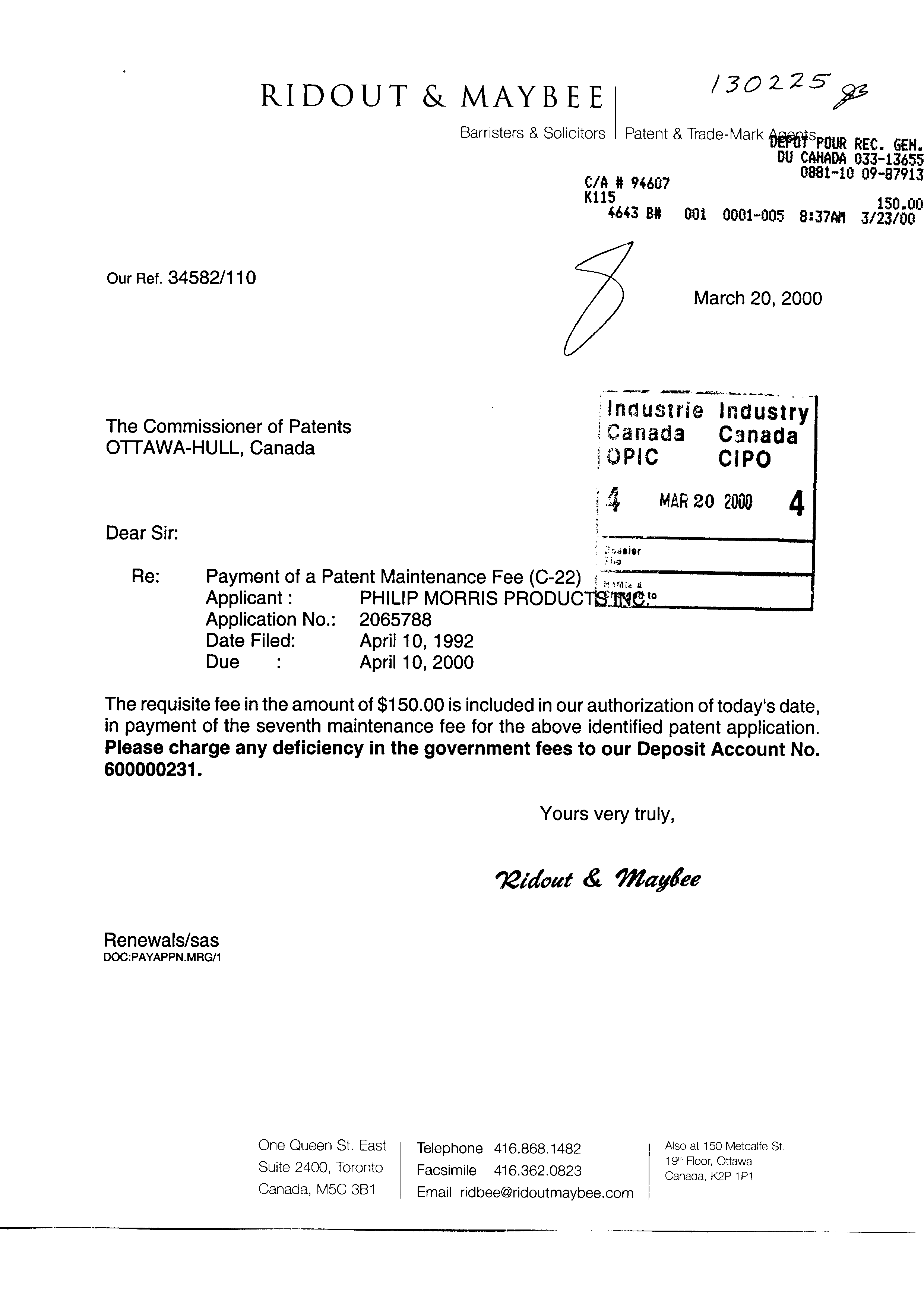 Document de brevet canadien 2065788. Taxes 19991220. Image 1 de 1