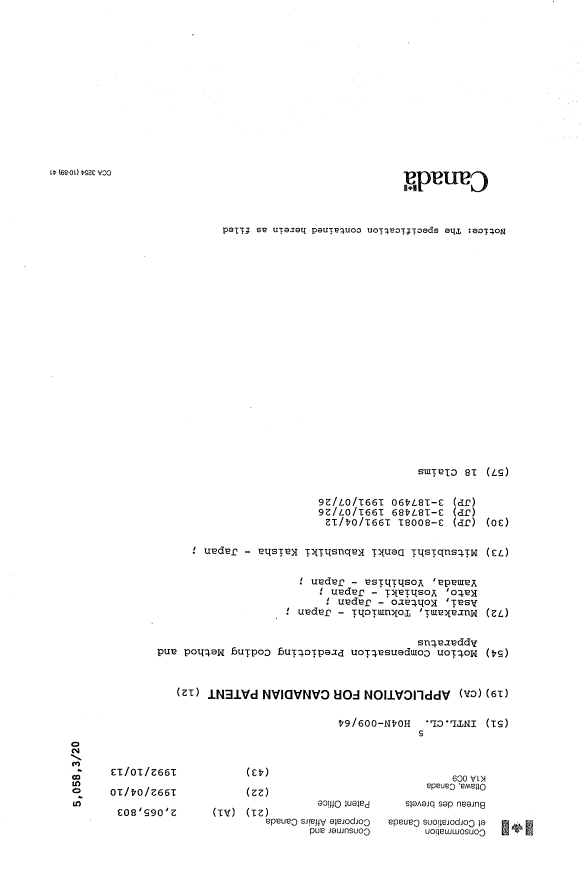 Canadian Patent Document 2065803. Cover Page 19940226. Image 1 of 1