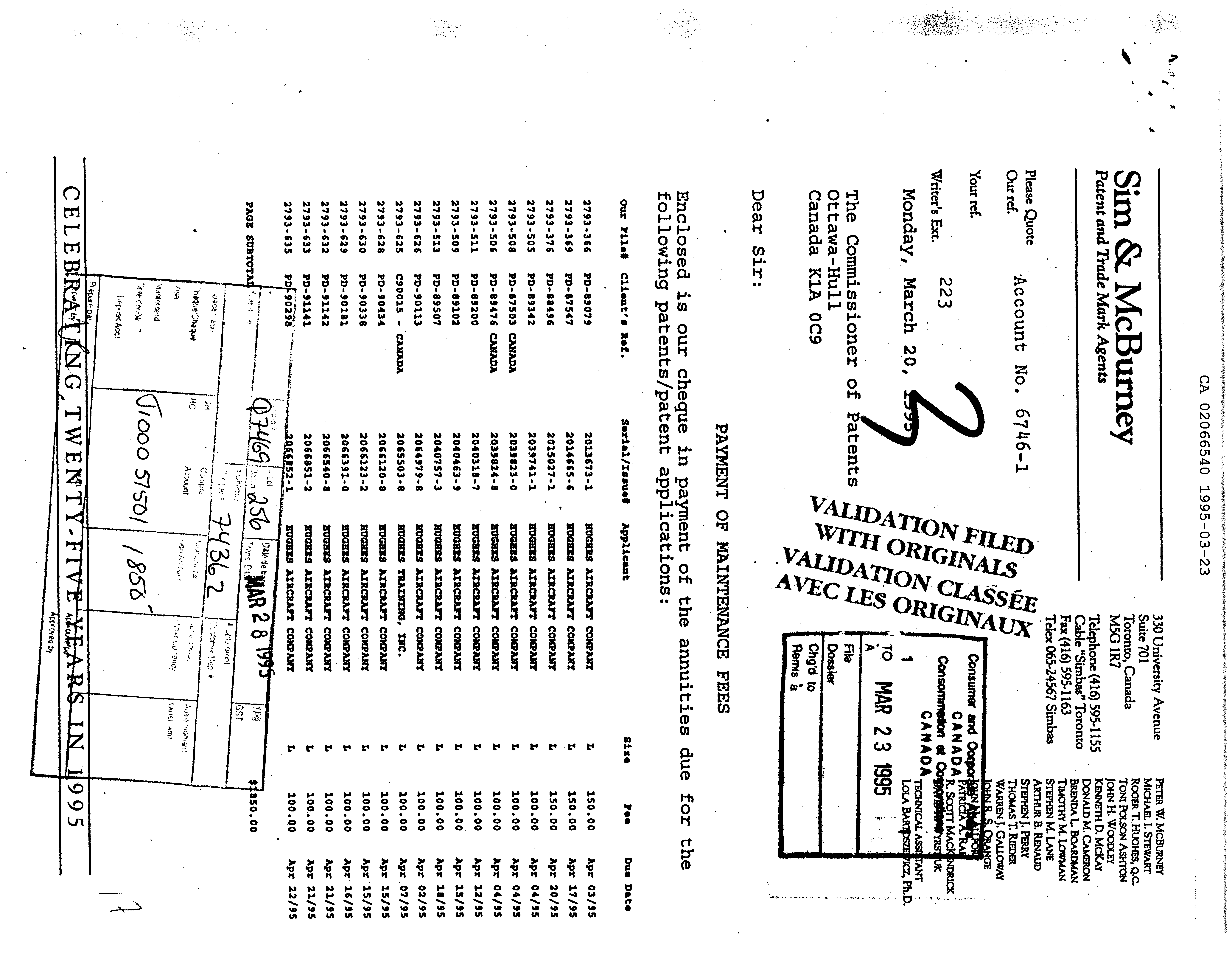 Canadian Patent Document 2066540. Fees 19941223. Image 1 of 1