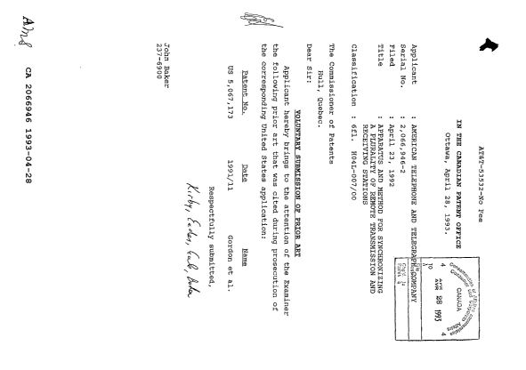 Document de brevet canadien 2066946. Correspondance de la poursuite 19930428. Image 1 de 1
