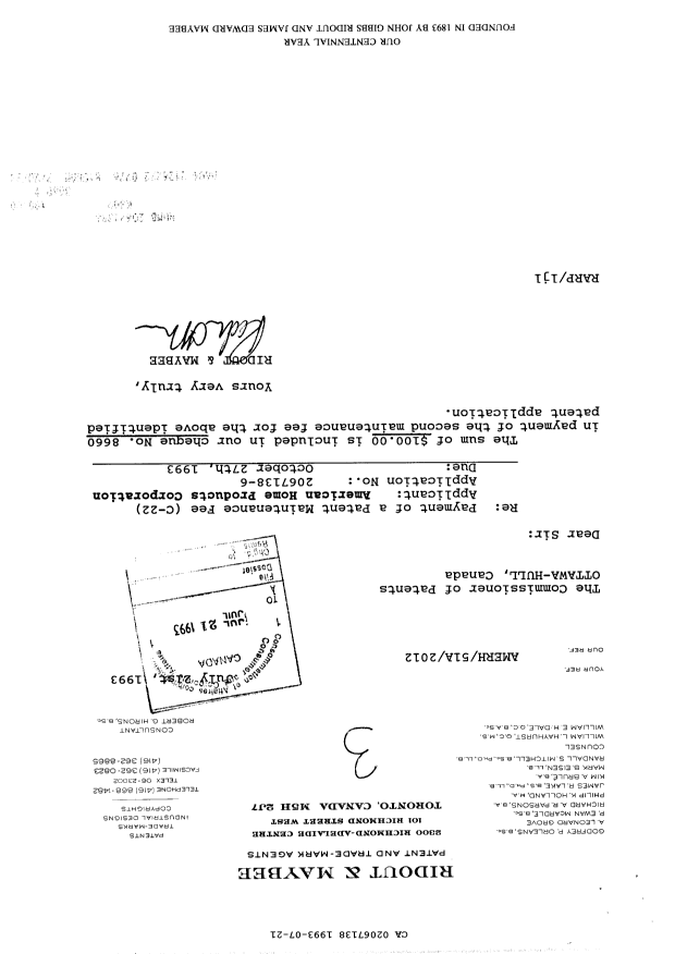 Canadian Patent Document 2067138. Fees 19930721. Image 1 of 1