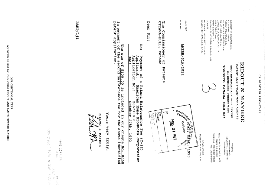 Document de brevet canadien 2067138. Taxes 19930721. Image 1 de 1