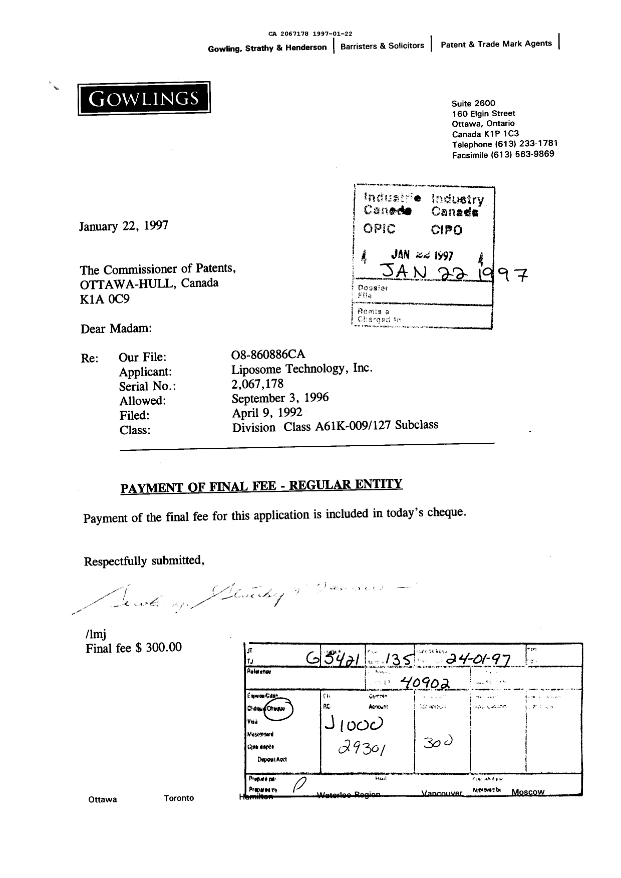 Document de brevet canadien 2067178. Correspondance reliée aux formalités 19970122. Image 1 de 1