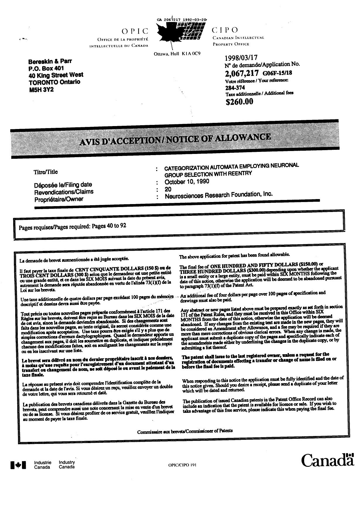 Document de brevet canadien 2067217. Correspondance de la poursuite 19920320. Image 1 de 87