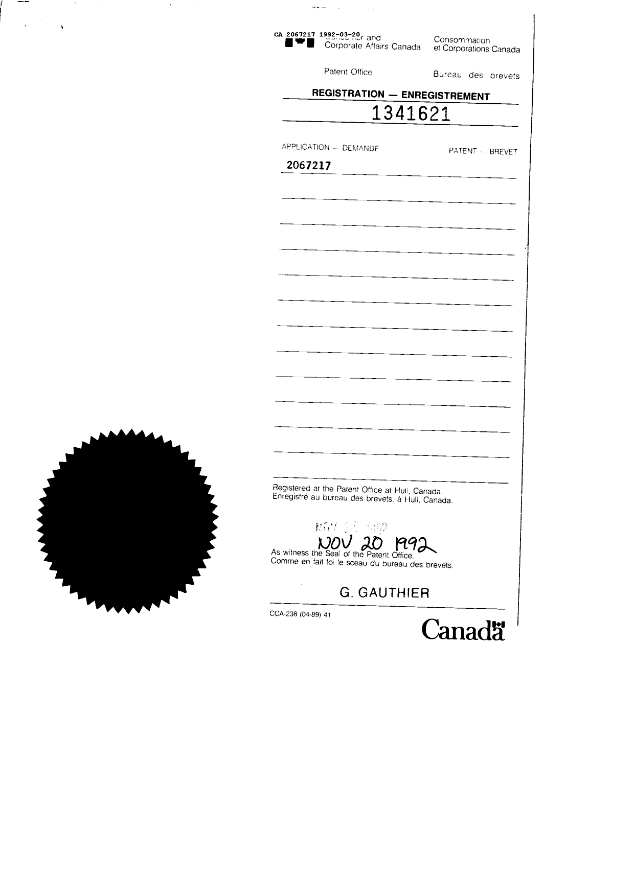 Canadian Patent Document 2067217. Prosecution Correspondence 19920320. Image 87 of 87