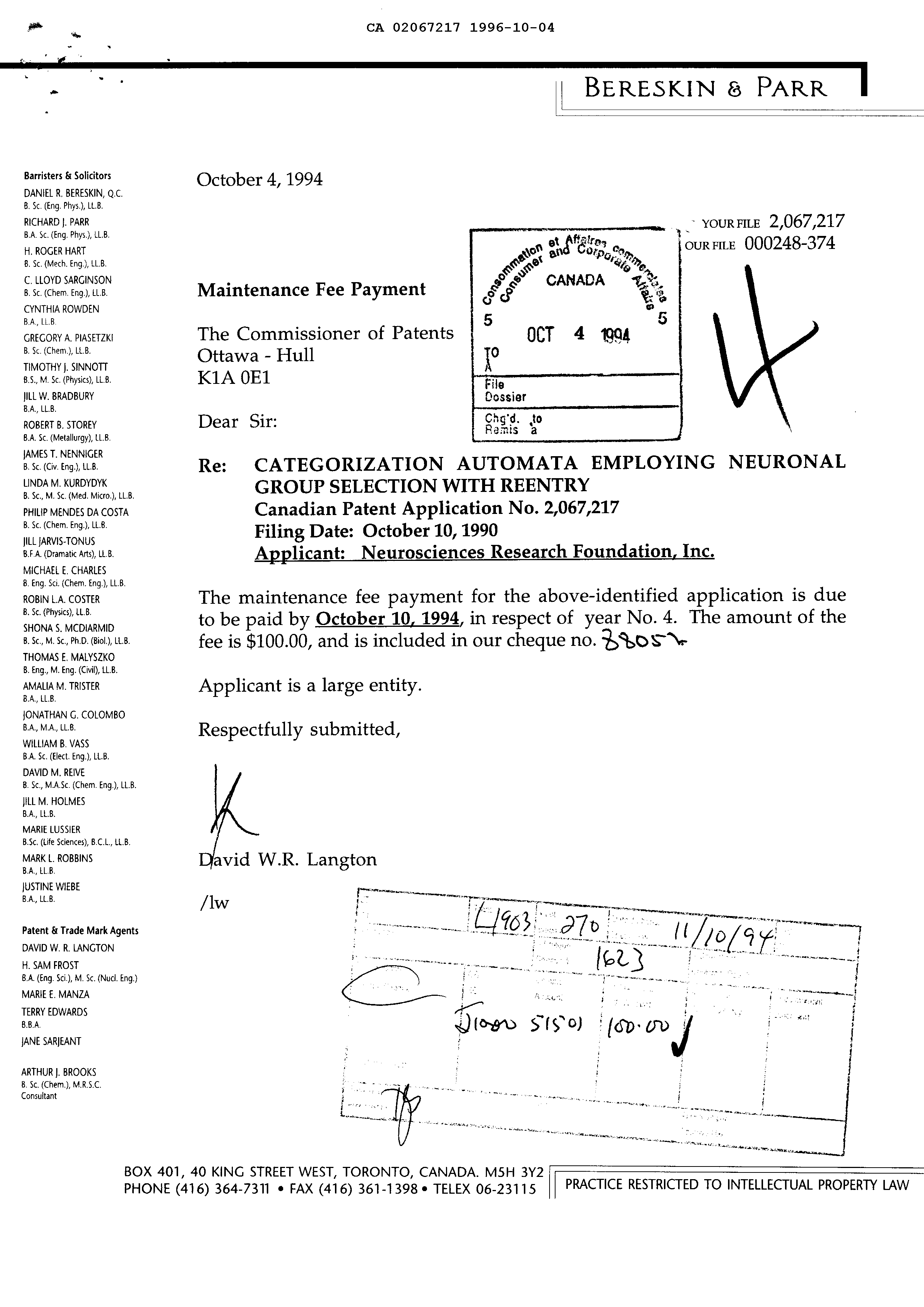 Canadian Patent Document 2067217. Fees 19961004. Image 1 of 1