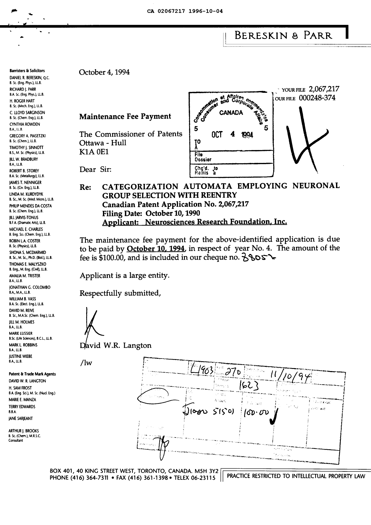 Document de brevet canadien 2067217. Taxes 19961004. Image 1 de 1