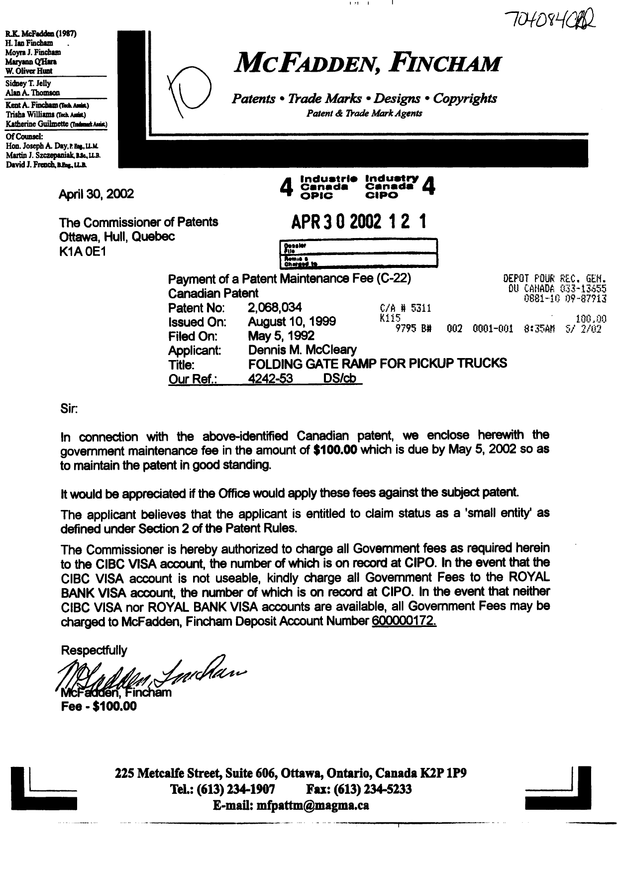 Document de brevet canadien 2068034. Taxes 20020430. Image 1 de 1