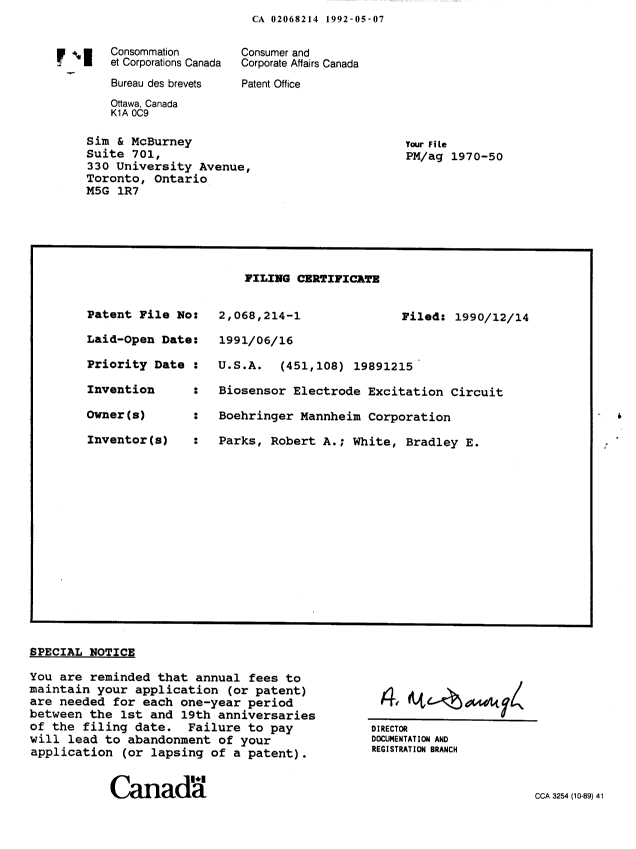 Document de brevet canadien 2068214. Cession 19920507. Image 11 de 11