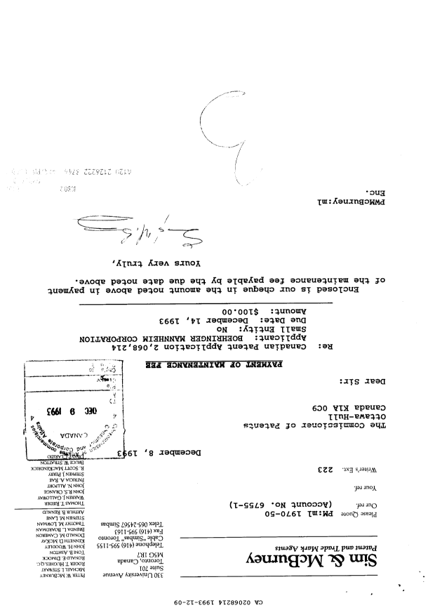 Canadian Patent Document 2068214. Fees 19931209. Image 1 of 1