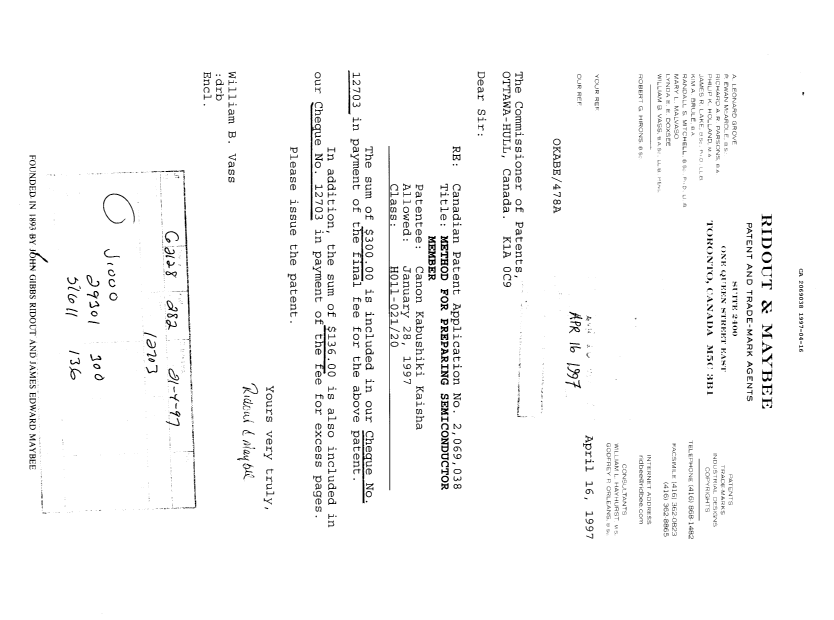 Document de brevet canadien 2069038. Correspondance reliée aux formalités 19970416. Image 1 de 1