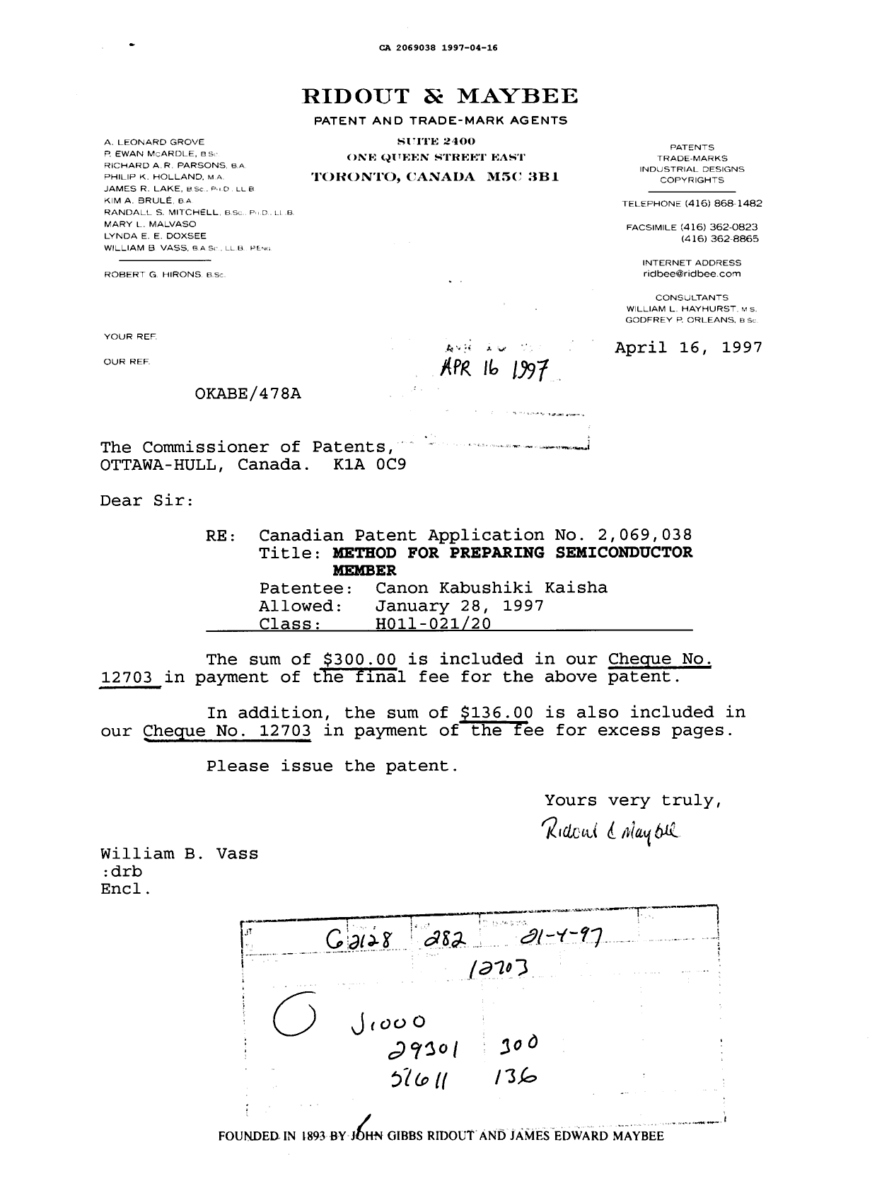 Document de brevet canadien 2069038. Correspondance reliée aux formalités 19970416. Image 1 de 1