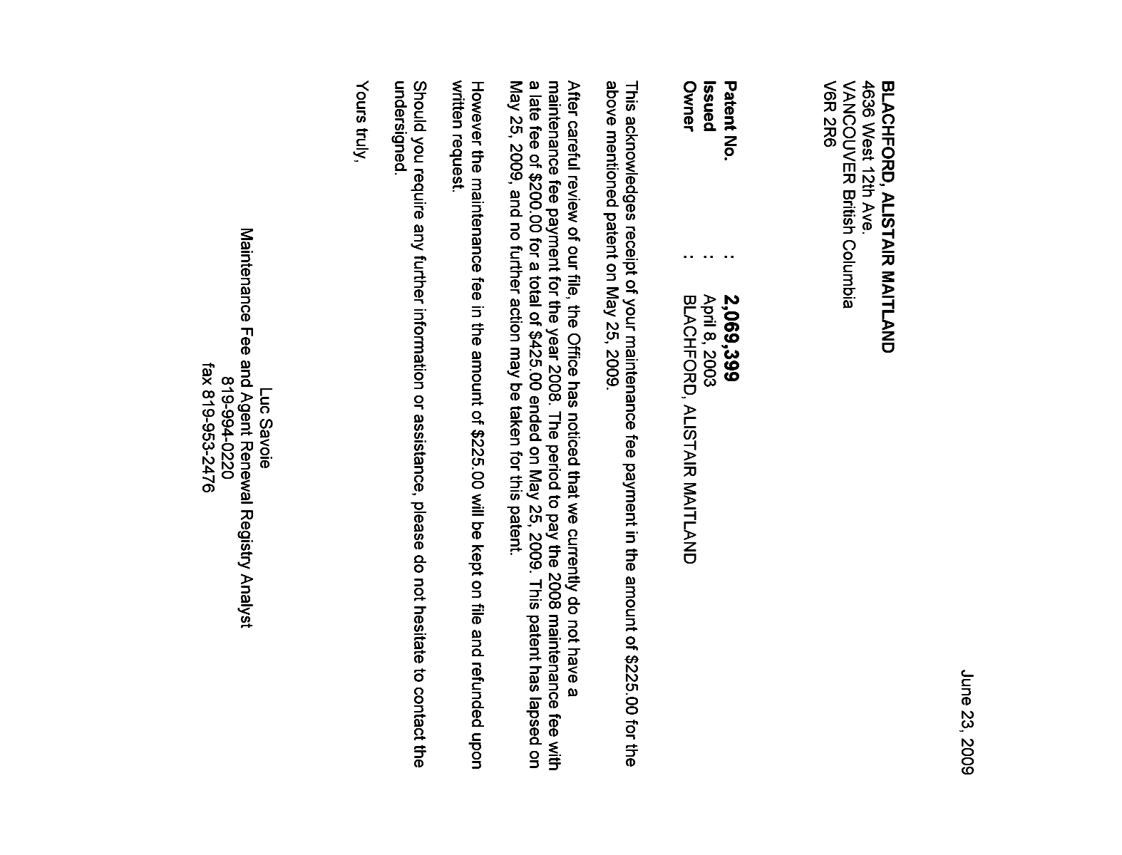 Document de brevet canadien 2069399. Correspondance 20081223. Image 1 de 1