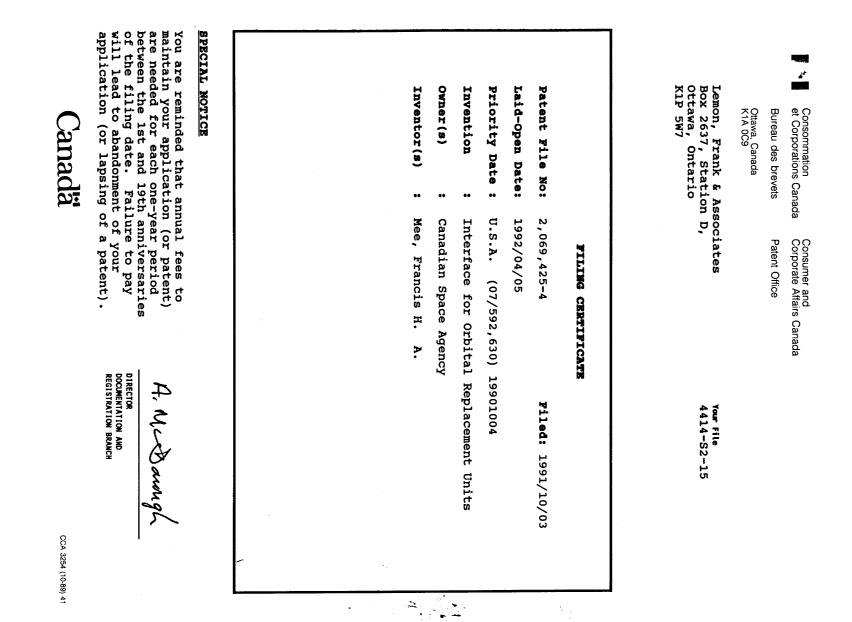 Document de brevet canadien 2069425. Cession 19920408. Image 9 de 9