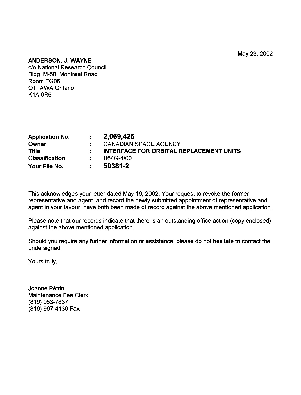 Document de brevet canadien 2069425. Correspondance 20020523. Image 1 de 1
