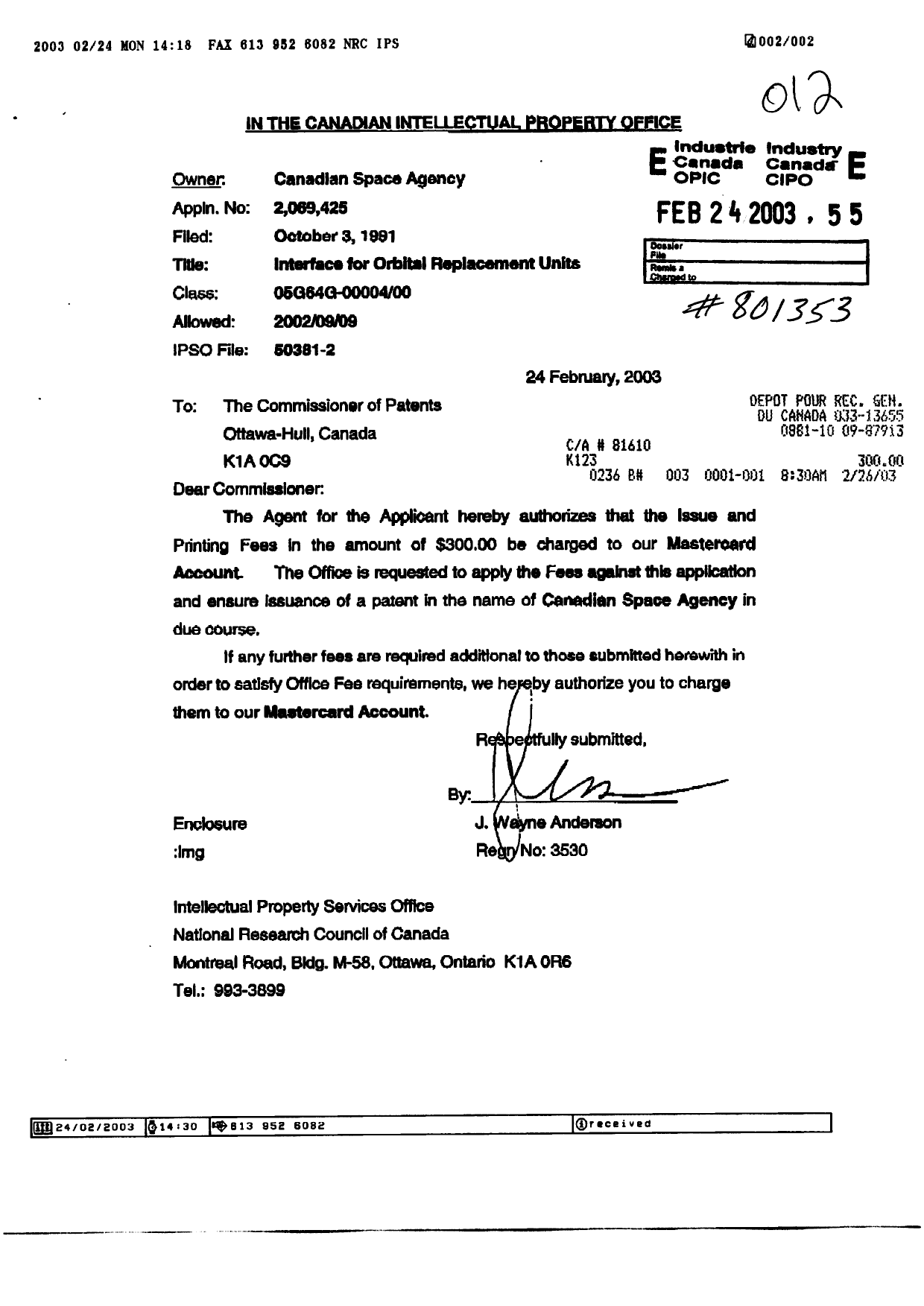Canadian Patent Document 2069425. Correspondence 20030224. Image 1 of 1