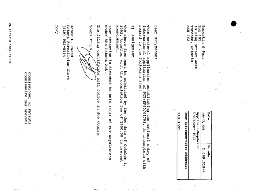 Document de brevet canadien 2069618. Lettre du bureau 19920713. Image 1 de 1