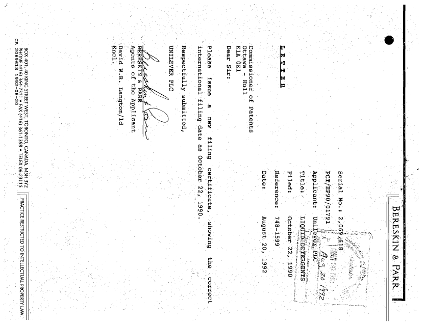 Document de brevet canadien 2069618. Correspondance reliée au PCT 19920820. Image 1 de 1