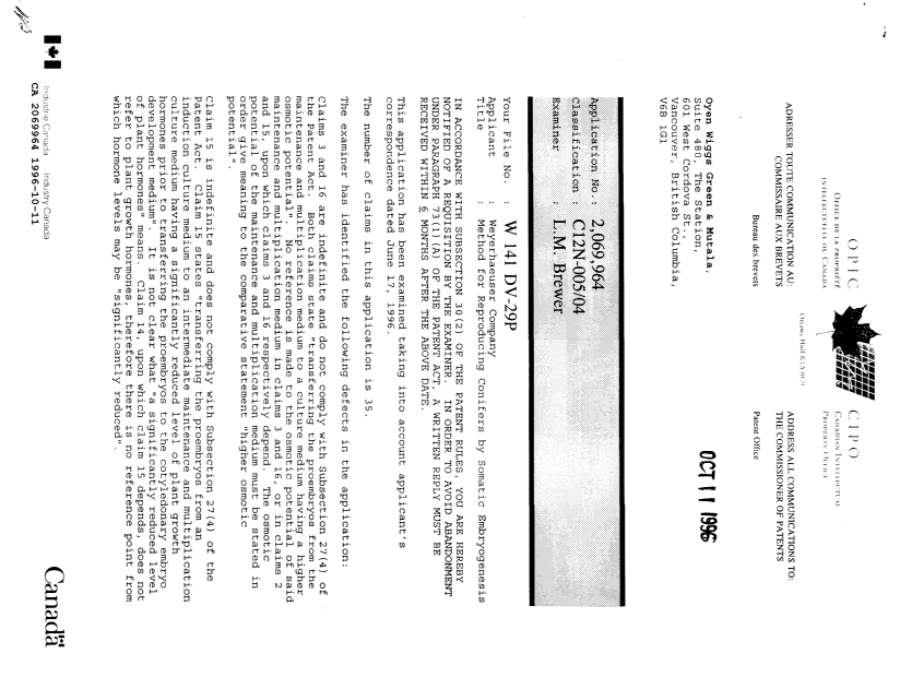 Document de brevet canadien 2069964. Demande d'examen 19961011. Image 1 de 2