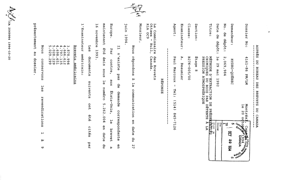 Canadian Patent Document 2069984. Prosecution Correspondence 19941020. Image 1 of 2