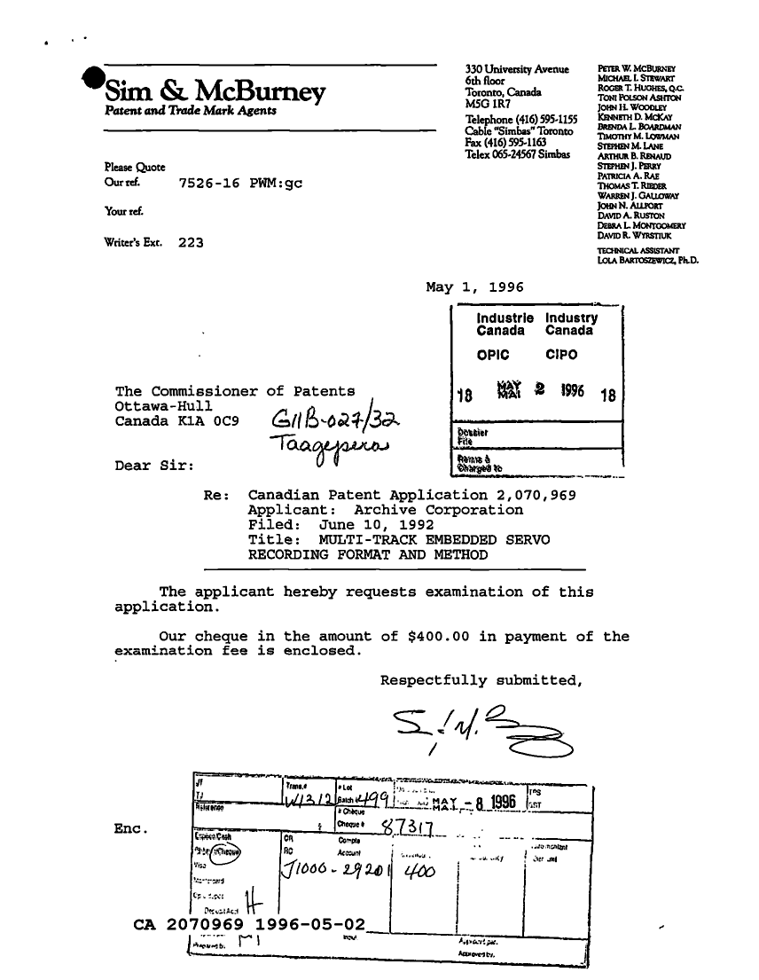 Document de brevet canadien 2070969. Correspondance de la poursuite 19960502. Image 1 de 1