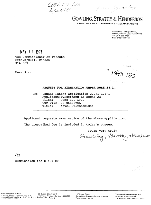 Document de brevet canadien 2071193. Correspondance de la poursuite 19930511. Image 1 de 1