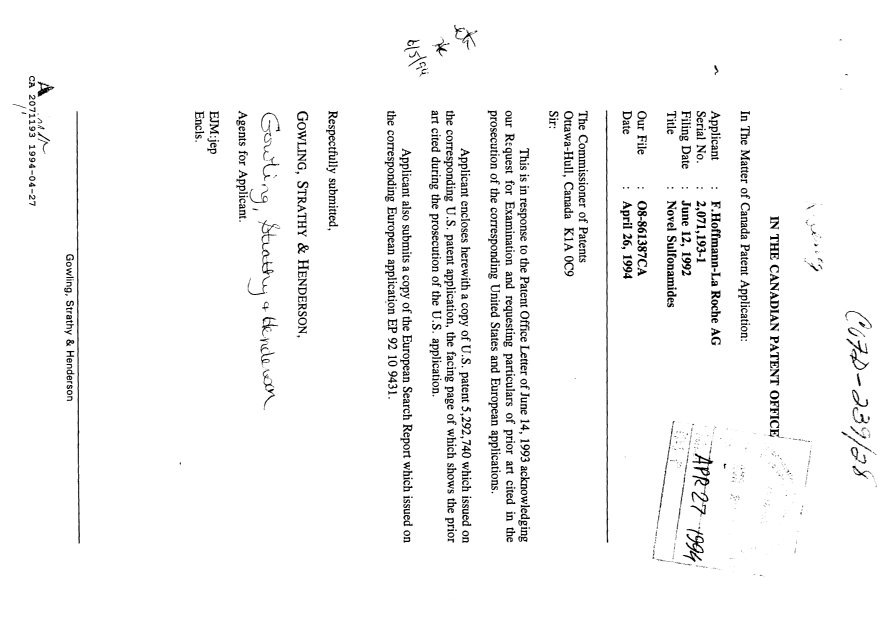 Document de brevet canadien 2071193. Correspondance de la poursuite 19940427. Image 1 de 2