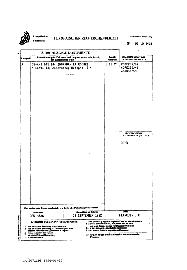 Document de brevet canadien 2071193. Correspondance de la poursuite 19940427. Image 2 de 2