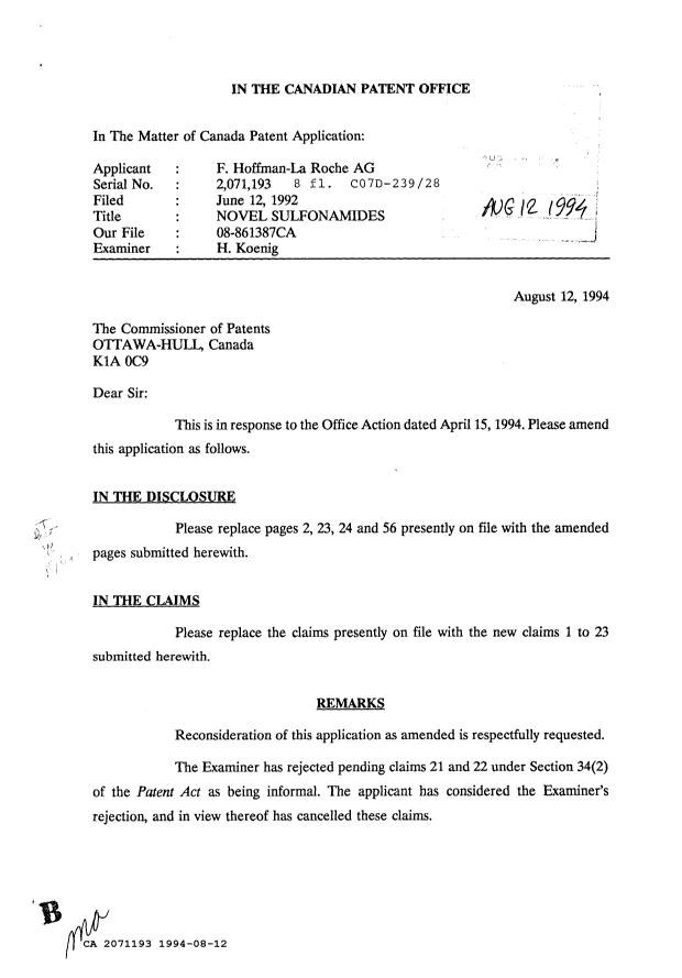 Document de brevet canadien 2071193. Correspondance de la poursuite 19940812. Image 1 de 3