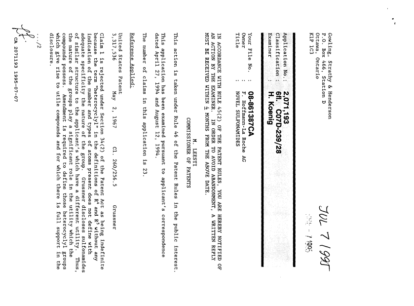 Document de brevet canadien 2071193. Demande d'examen 19950707. Image 1 de 3