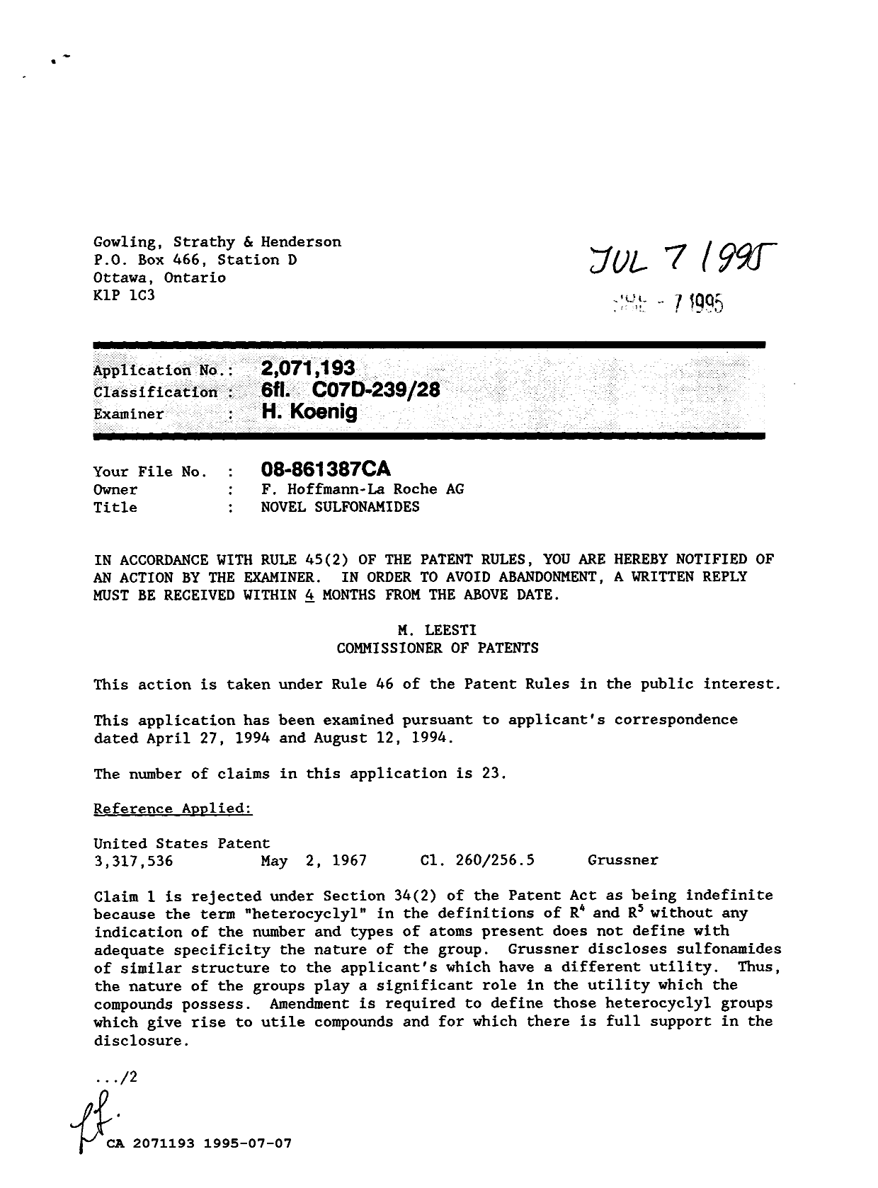 Document de brevet canadien 2071193. Demande d'examen 19950707. Image 1 de 3