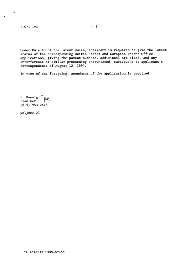 Document de brevet canadien 2071193. Demande d'examen 19950707. Image 3 de 3