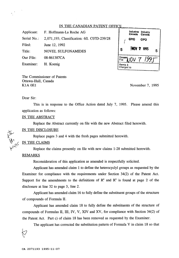 Canadian Patent Document 2071193. Prosecution Correspondence 19951107. Image 1 of 2