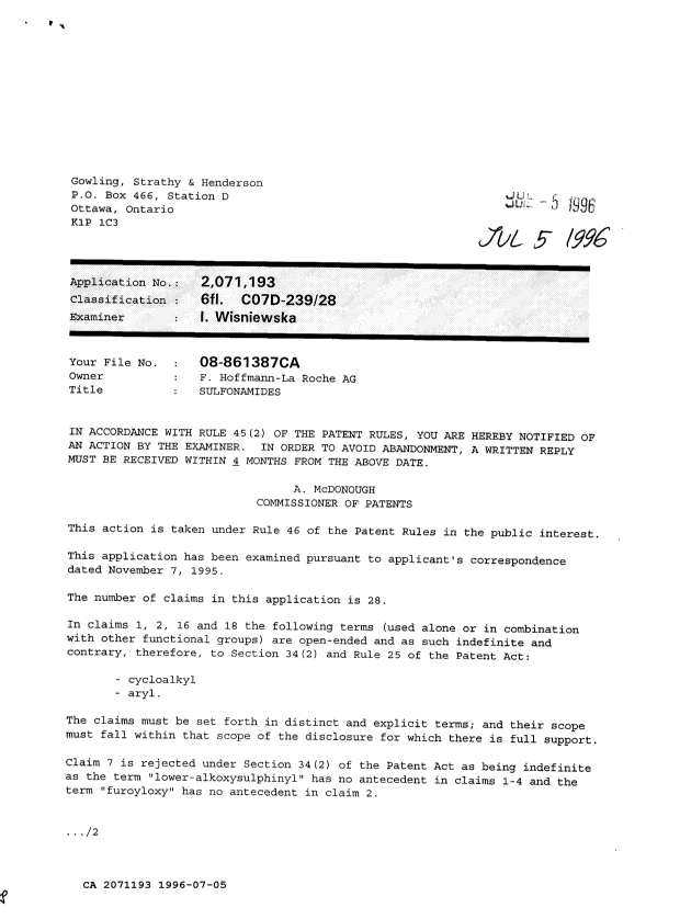 Document de brevet canadien 2071193. Demande d'examen 19960705. Image 1 de 2