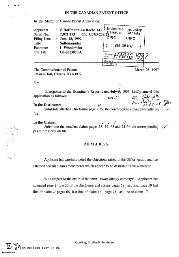 Document de brevet canadien 2071193. Correspondance de la poursuite 19970326. Image 1 de 2