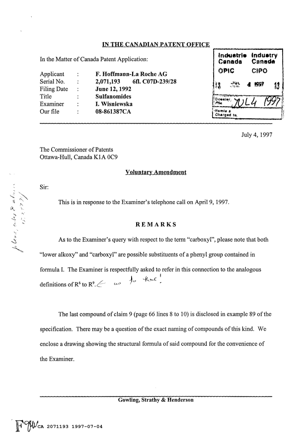 Canadian Patent Document 2071193. Prosecution Correspondence 19970704. Image 1 of 2