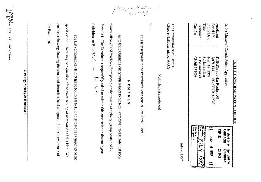 Document de brevet canadien 2071193. Correspondance de la poursuite 19970704. Image 1 de 2
