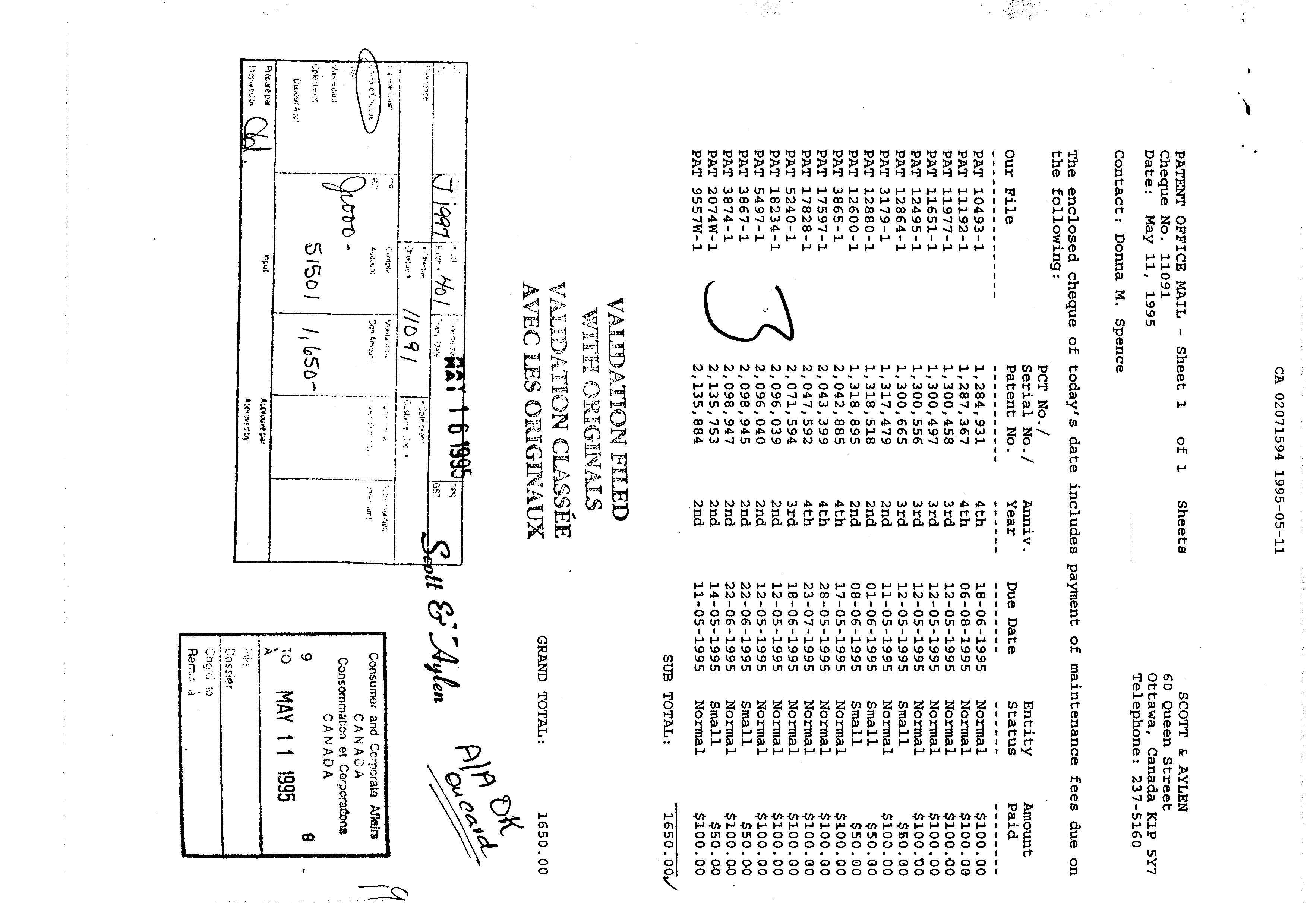 Canadian Patent Document 2071594. Fees 19941211. Image 1 of 1