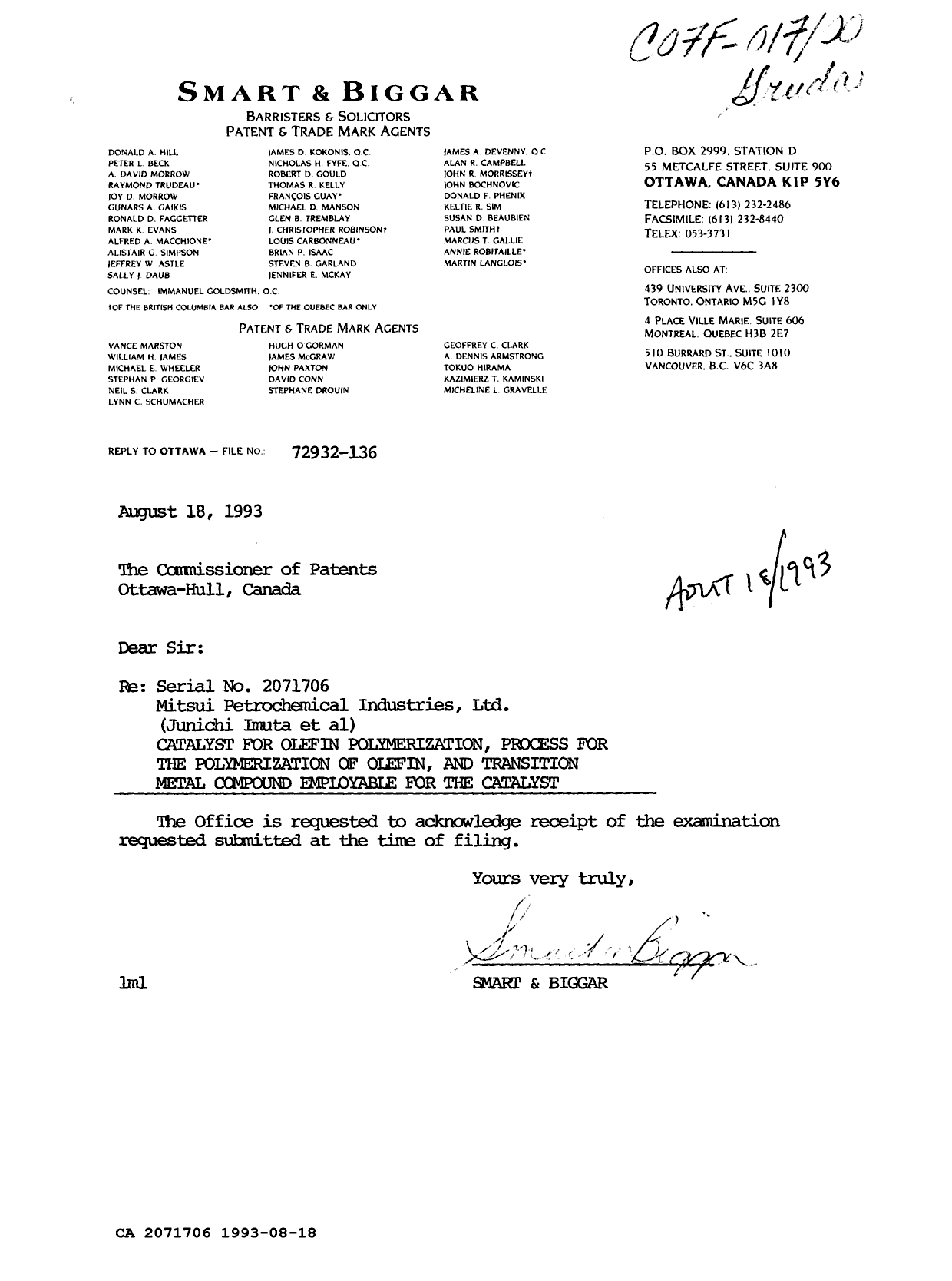 Document de brevet canadien 2071706. Correspondance de la poursuite 19930818. Image 1 de 1