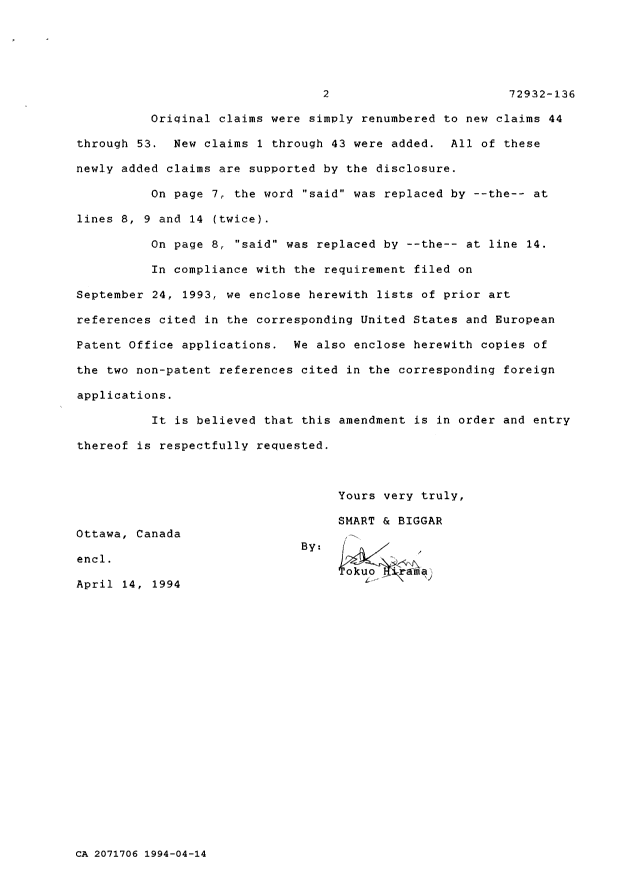 Document de brevet canadien 2071706. Correspondance de la poursuite 19940414. Image 2 de 10