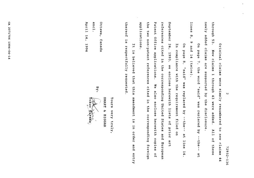 Canadian Patent Document 2071706. Prosecution Correspondence 19940414. Image 2 of 10