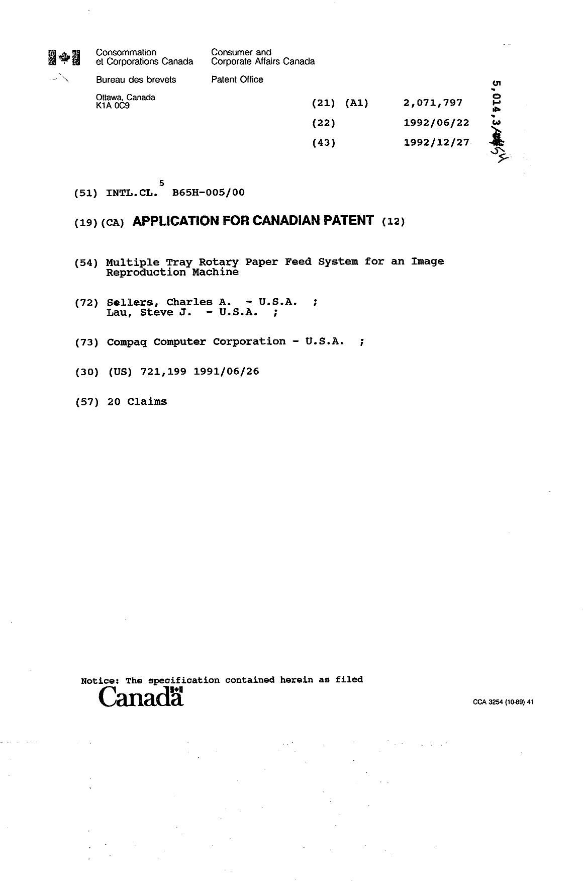 Canadian Patent Document 2071797. Cover Page 19921227. Image 1 of 1