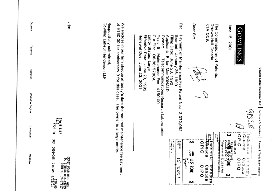 Canadian Patent Document 2072052. Fees 20010615. Image 1 of 1