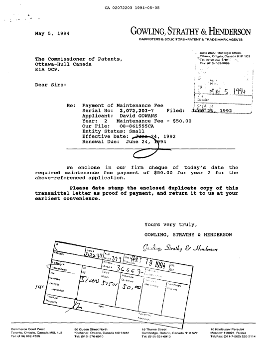 Canadian Patent Document 2072203. Fees 19940505. Image 1 of 1