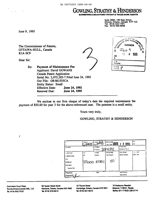 Canadian Patent Document 2072203. Fees 19950609. Image 1 of 1