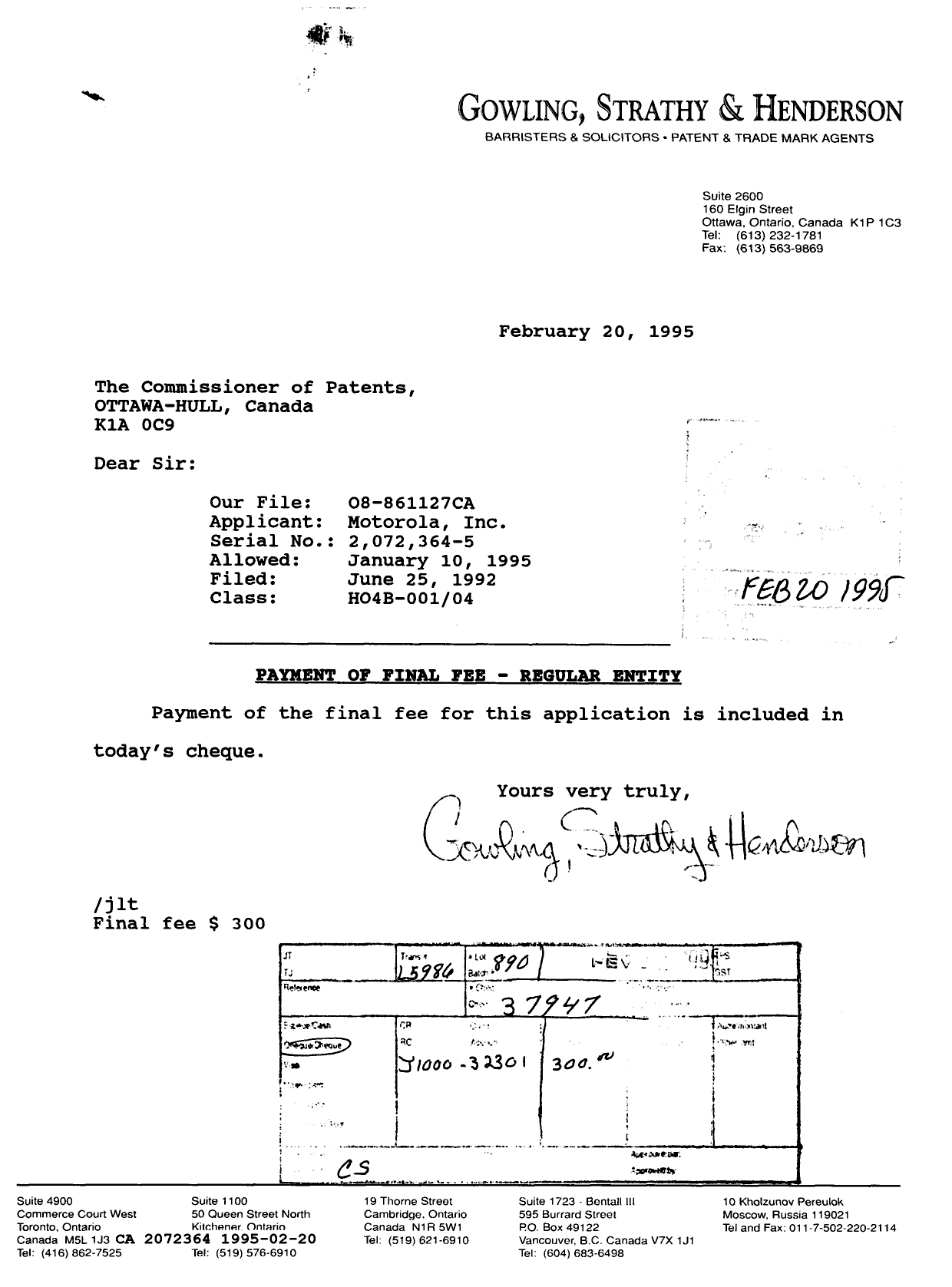 Document de brevet canadien 2072364. Correspondance reliée au PCT 19950220. Image 1 de 1