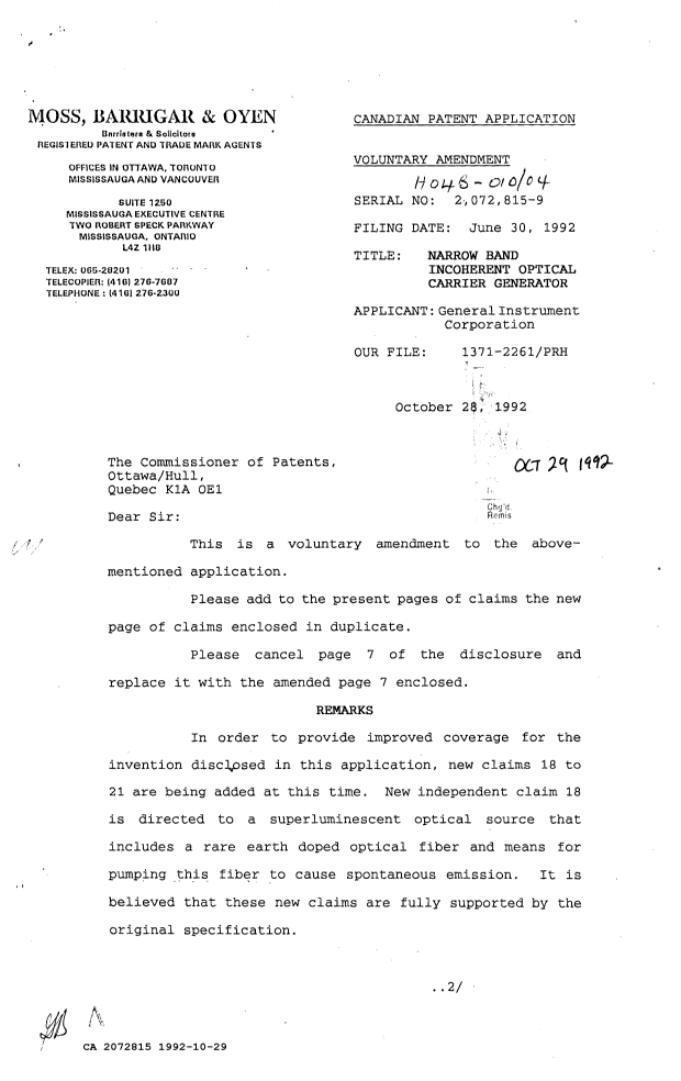 Canadian Patent Document 2072815. Prosecution Correspondence 19921029. Image 1 of 2