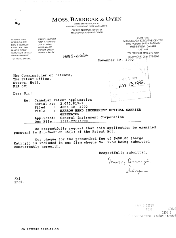 Canadian Patent Document 2072815. Prosecution Correspondence 19921113. Image 1 of 1