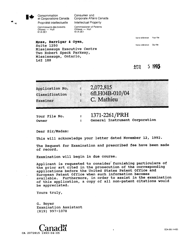 Canadian Patent Document 2072815. Office Letter 19930405. Image 1 of 1